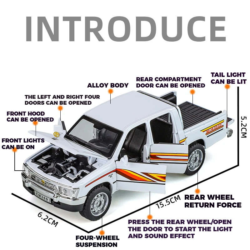 1:32 Toyota Hilux Off Road Pickup Truck Alloy Diecast Metal Model Hight Simulation Sound Light Toy Desktop Ornaments Boys Gifts - Image 3