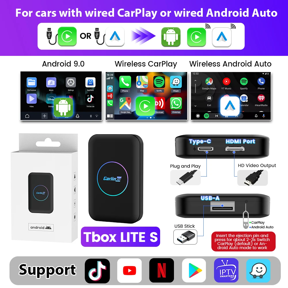 2GB-16GB CarlinKit Android TV Box Wireless Adatper Lite s Wireless Dongle CarPlay Android auto for IPTV Youtube Netfilx Spotify HD Output - Image 7