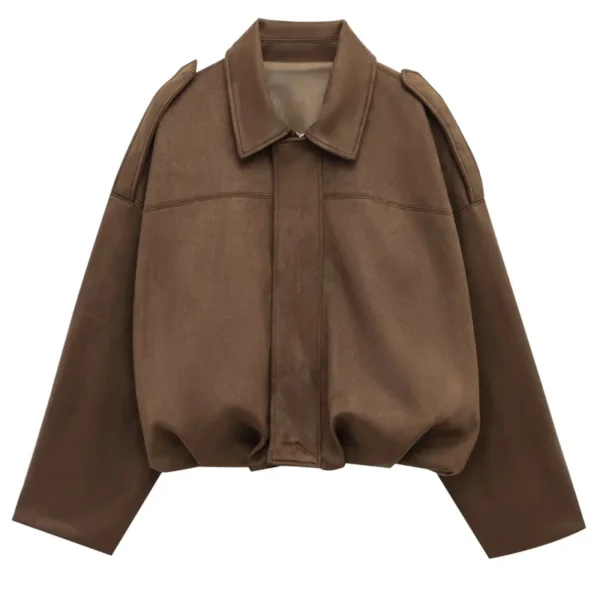 HXAO Women's Bomber Jacket Lapel Long Sleeve Zipper Suede Jacket Women 2025 High Street Cropped Racing Jackets Coats Outerwears - Image 7