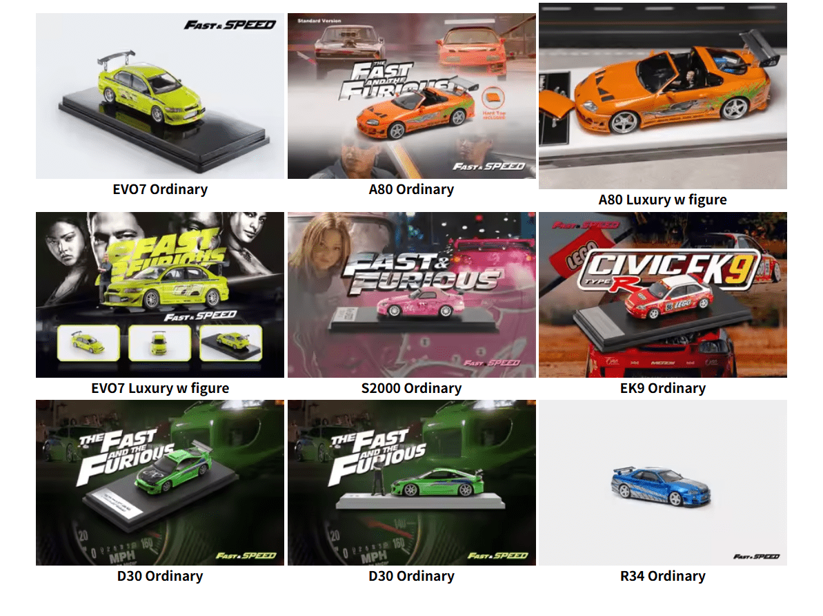 Fast Speed FS 1:64 FNF Supra A80 Eclipse D30 S2000 AP1 EVO VII Die-Cast Car Model Collection Miniature - Image 5