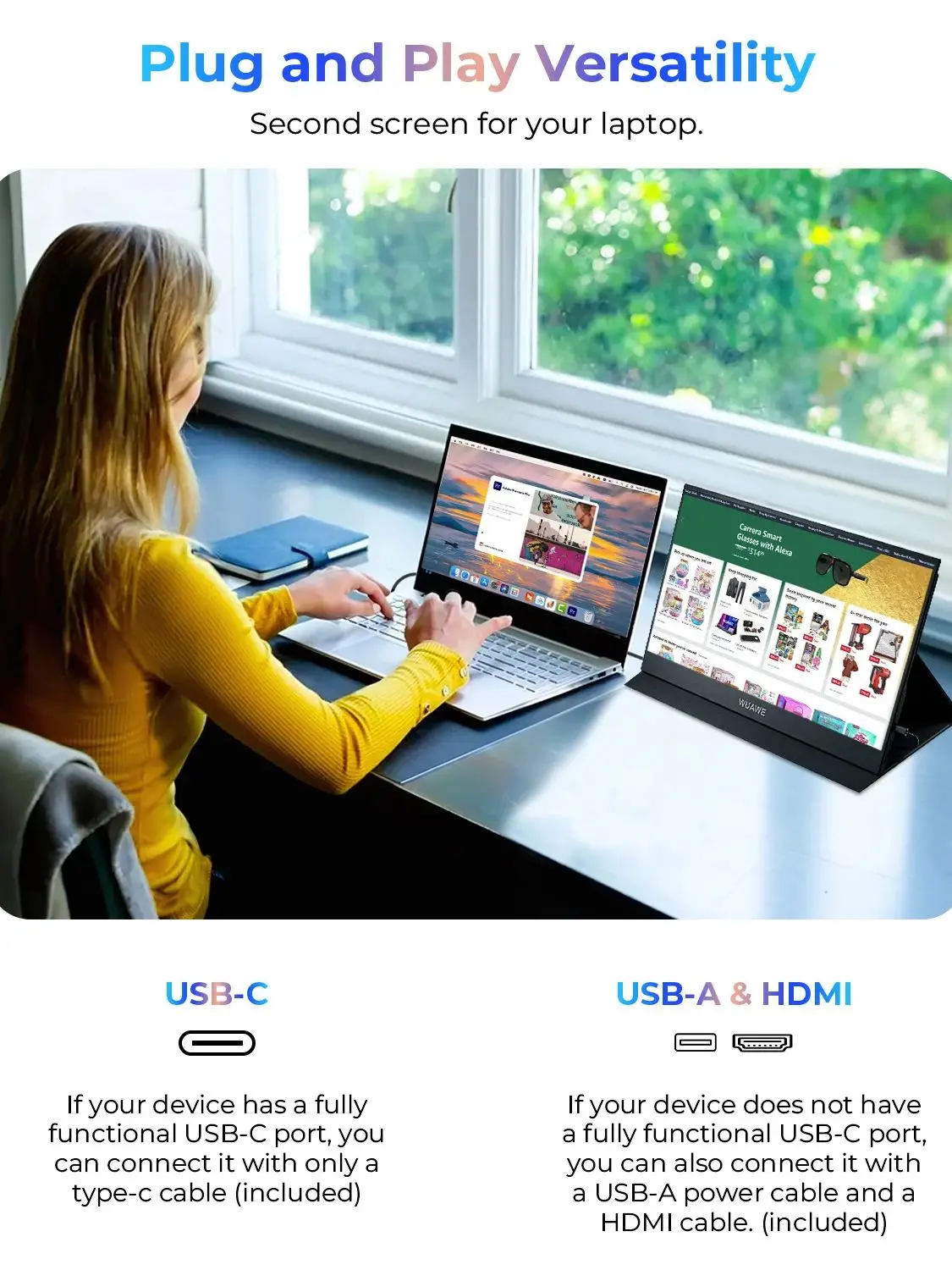 WF156-60B: 15.6 inch WUAWE Portable Monitor for Laptop 16:9 1080P 60HZ Gaming IPS Display LCD FHD External Second Computer Screen for Phone - Image 2