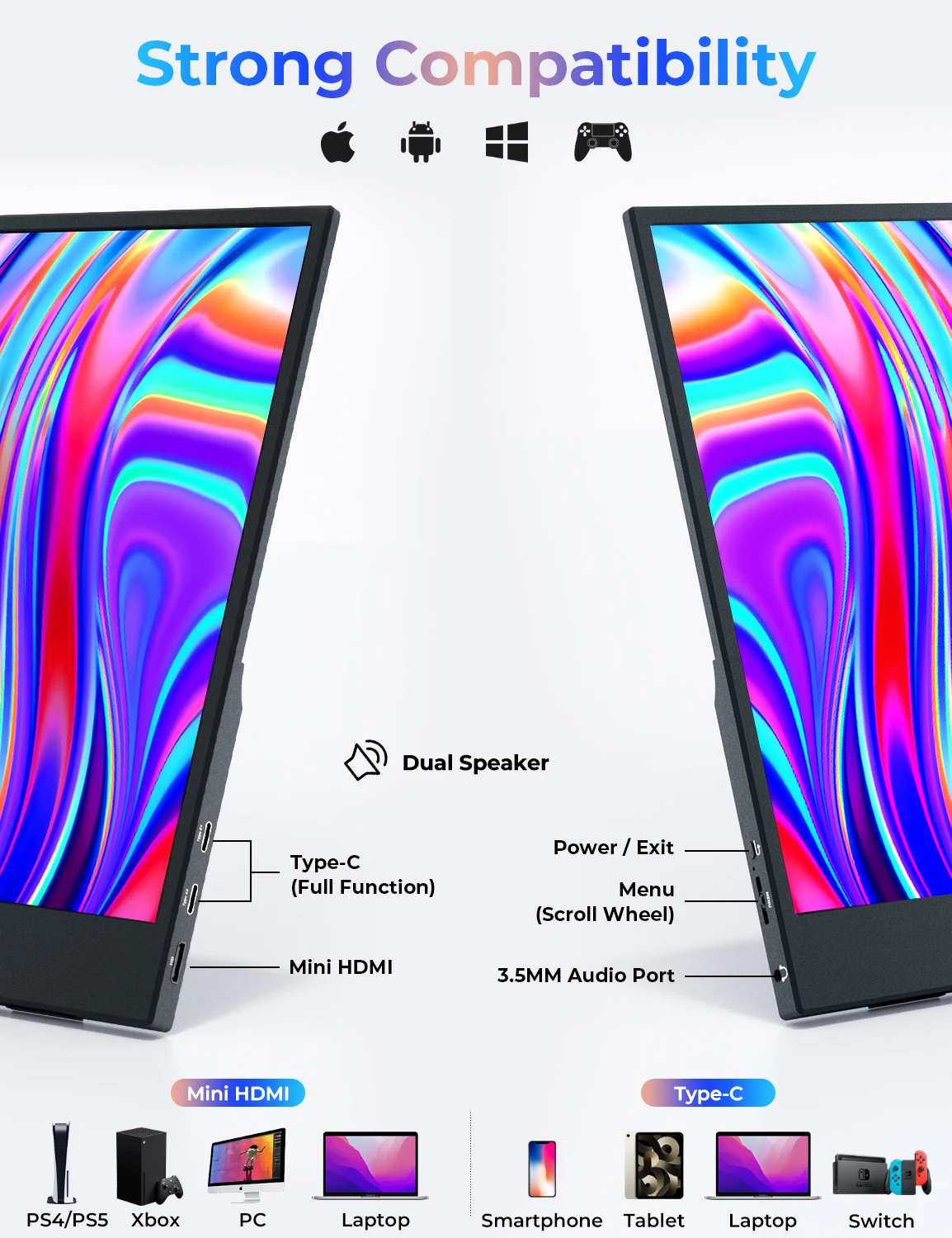 WF156-60B: 15.6 inch WUAWE Portable Monitor for Laptop 16:9 1080P 60HZ Gaming IPS Display LCD FHD External Second Computer Screen for Phone - Image 6