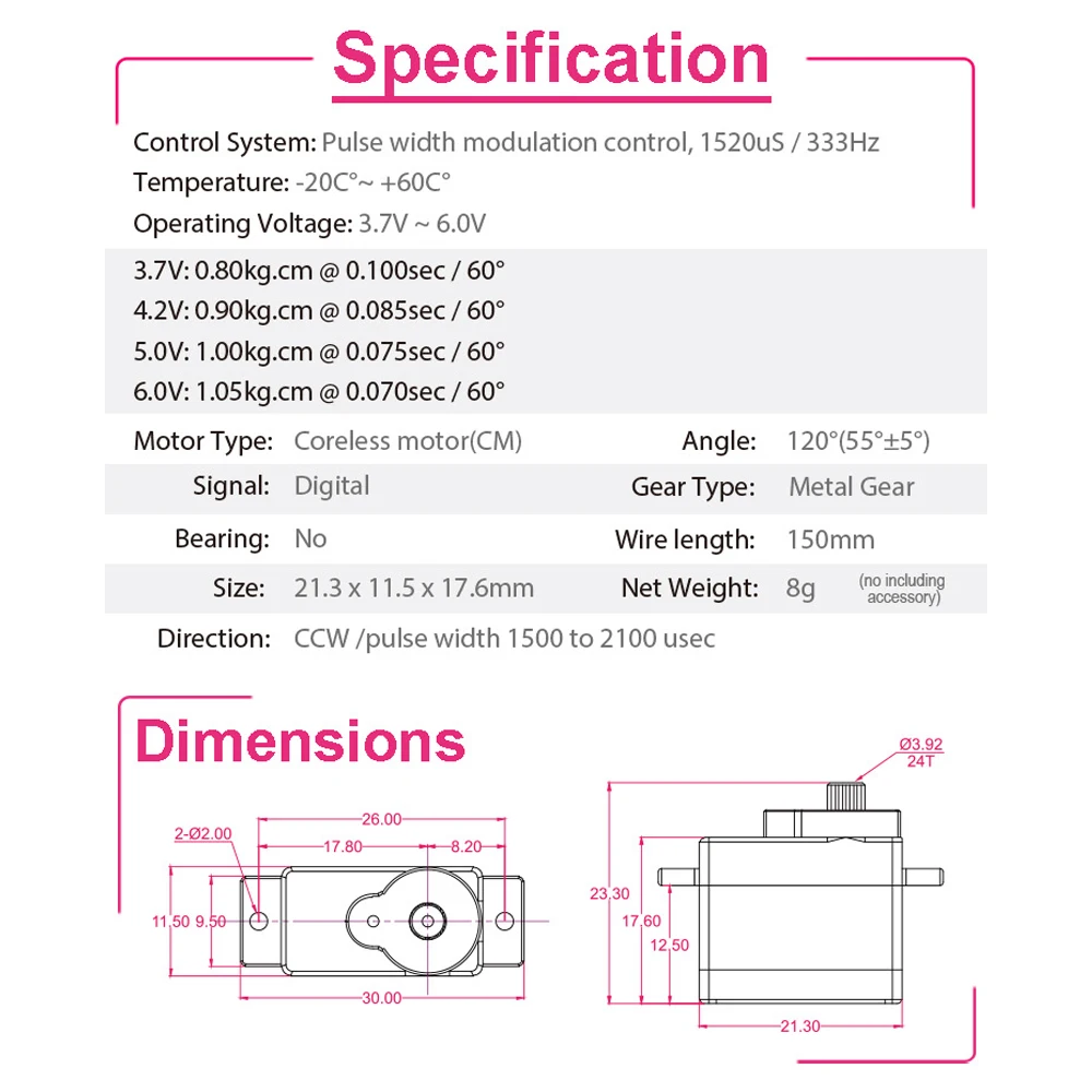 AFRC D1802MG Micro Digital Servo 5g Metal Gear 0.070 Fast Coreless Motor for 1/28 RC Car Airplanes Parts and Accessories DIY - Image 7