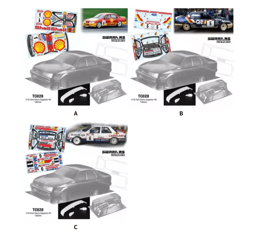 TC028 1/10 Ford Sapphire RC Drift body 190mm W/Rear Wing + Rear Mirrors and Stickers Decal sheet - Image 4