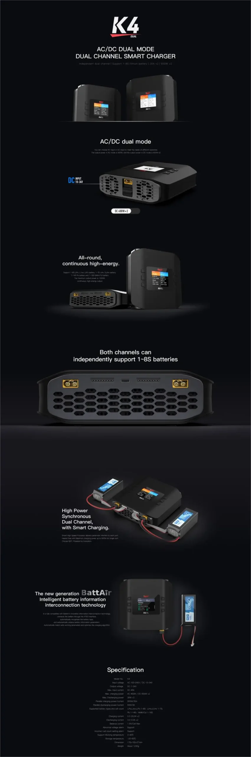 ISDT K4 1~8S Battery Smart Charger 20A 600W AC/DC IndependentDual Mode Dual Channel For Lipo Battery charge Rc Toy - Image 5