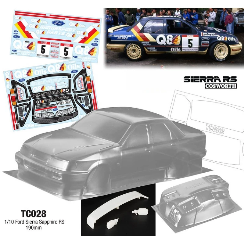 TC028 1/10 Ford Sapphire RC Drift body 190mm W/Rear Wing + Rear Mirrors and Stickers Decal sheet