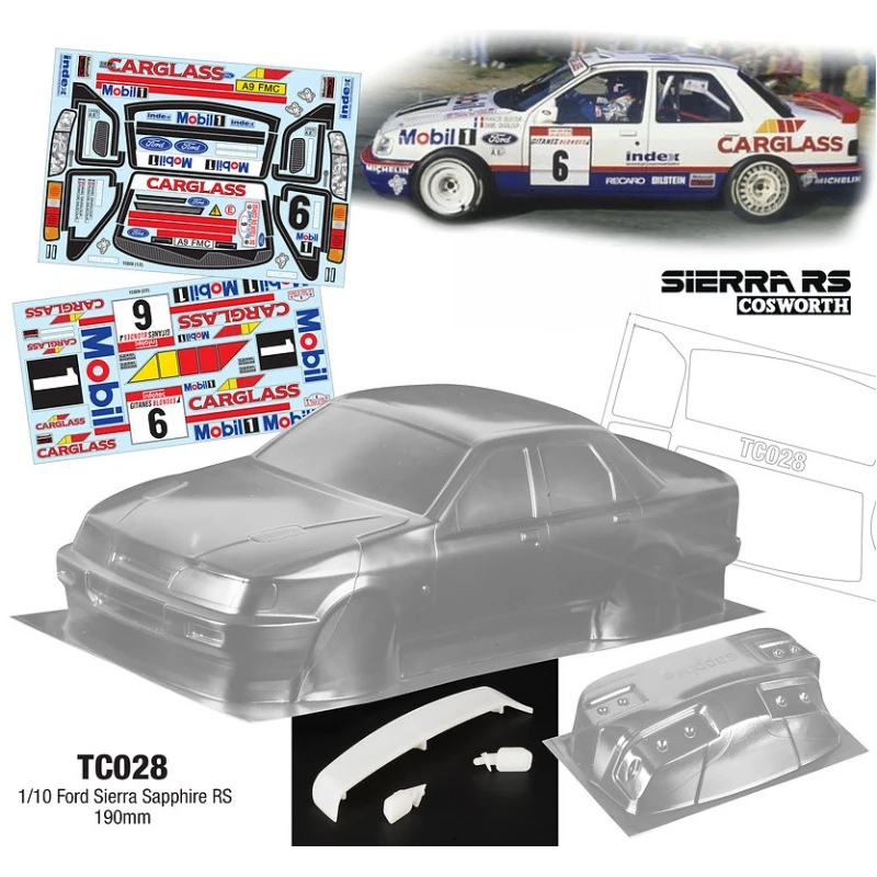 TC028 1/10 Ford Sapphire RC Drift body 190mm W/Rear Wing + Rear Mirrors and Stickers Decal sheet - Image 3