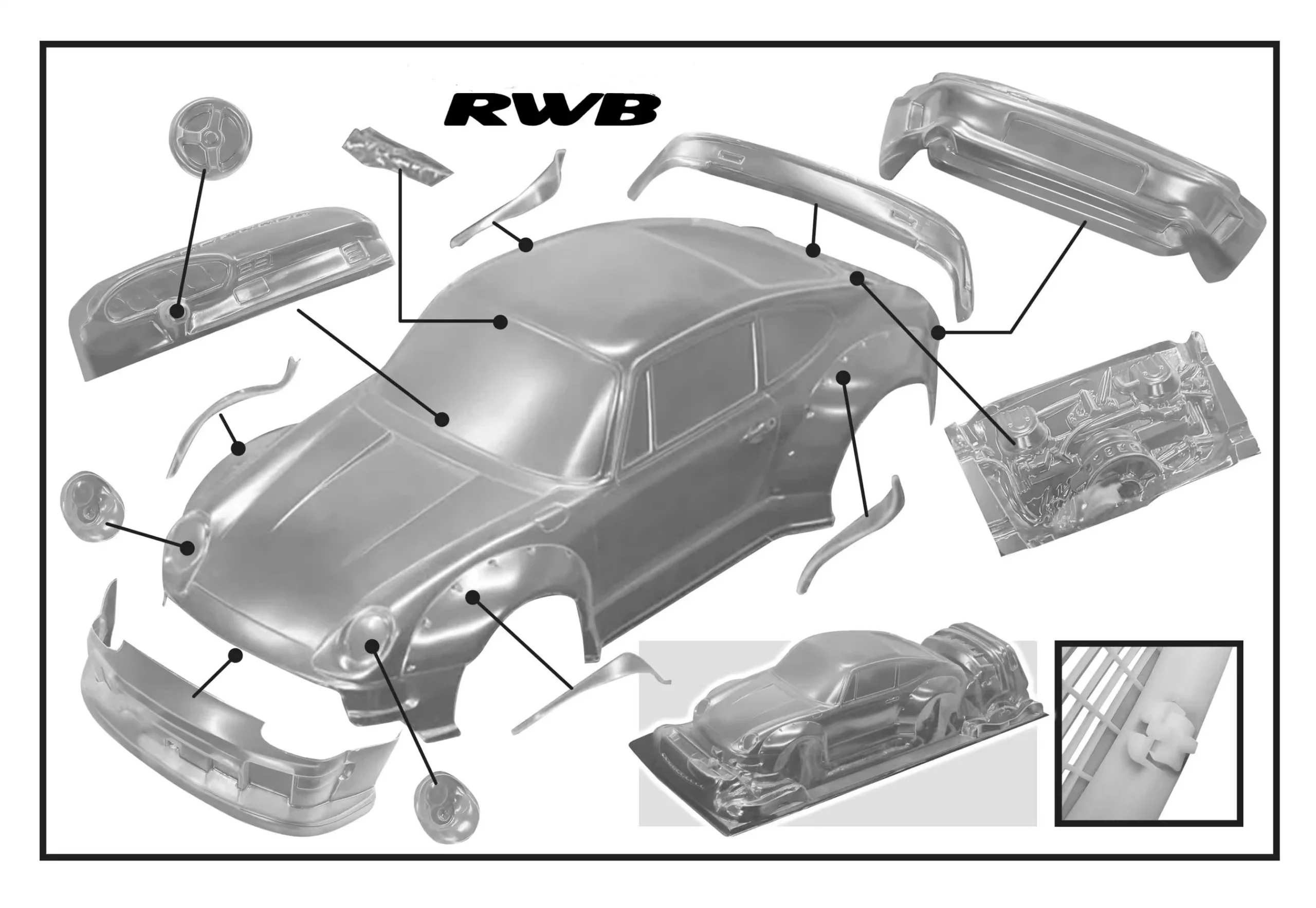 1/10 RWB 993 Wide RC Drift Body Rally PC Shell 195mm Width 260mm Wheelbase Lampshade No Painted Body RC Hsp Hpi Trax Tamiya LC - Image 2
