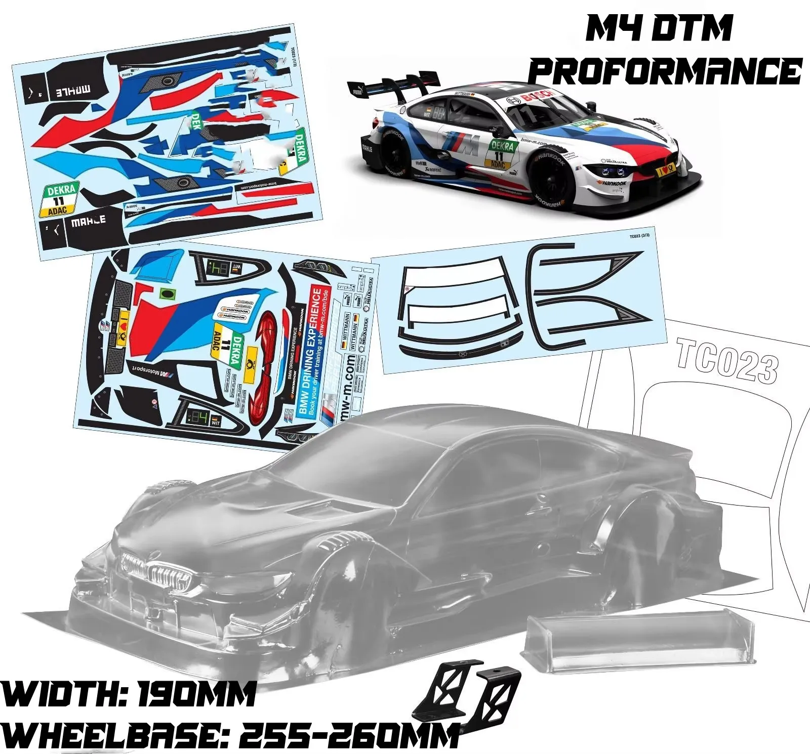 High quality M4 DTM Touring 1/10 drift RC PC body shell lampshade190mm width Transparent drift body for RC hsp hpi trax Tamiya - Image 6