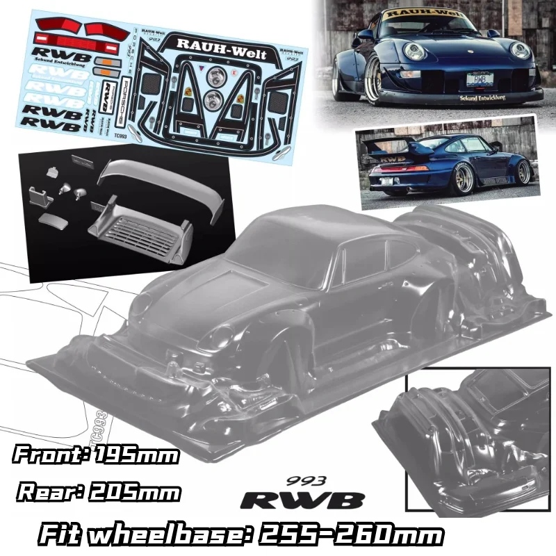 1/10 RWB 993 Wide RC Drift Body Rally PC Shell 195mm Width 260mm Wheelbase Lampshade No Painted Body RC Hsp Hpi Trax Tamiya LC