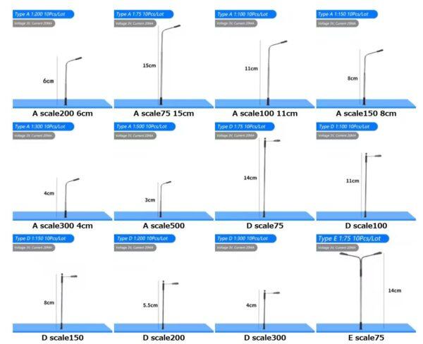 1:75-1:500スケールミニチュア金属街灯モデル3V LEDライト付きビルディングサンドテーブルHOゲージ鉄道シーンダイオラマキット用 - 画像 (7)
