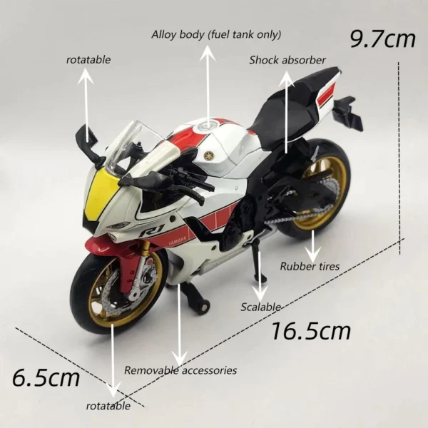 1/12 スケールヤマハ YZF-R1M バイク模型 合金 ダイキャストシミュレーションモデルモーターサイクル - 画像 (3)