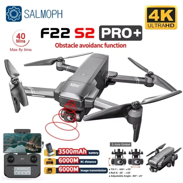 SJRC F22 S2 PRO+ プロフェッショナルドローン 4K EISカメラ搭載 GPS 6KM飛行範囲 2軸ジンバル 40分FPV 障害物回避 ブラシレスRCドローン