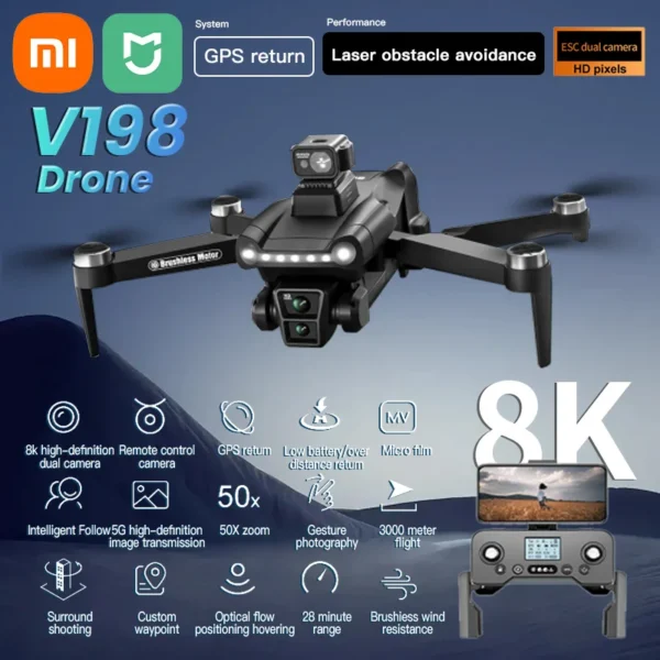 Xiaomi Mijia V198GPS ドローン 4K プロフェッショナル FPV ブラシレスモーター搭載 レーザー障害物回避 光学フロー 空撮 折りたたみ式 8Kミニクアッドコプター