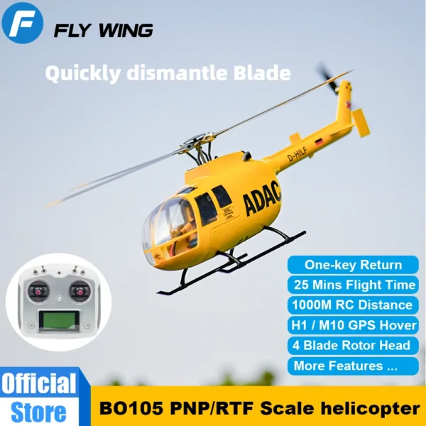 470クラス FLYWING BO105 スケールRCヘリコプター 4ブレードローターヘッド搭載 高リアル設計 自動ルートモード ワンクリックリターン