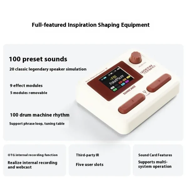 SONICAKE ポケットマスター ギターベースアンプ 1.77インチ LCDスクリーン 100種類以上のマルチエフェクトペダル QME-10 OTGルーパー対応 ミニギターアンプ - 画像 (2)