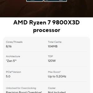 AMD ライジン ™ 7 9800X3D 新しいプロセッサ、3D V-Cache 8C/16T 120W 最大 5.2 GHz、L3=96M 100- 100001084 ソケットAM5ですがクーラーなし