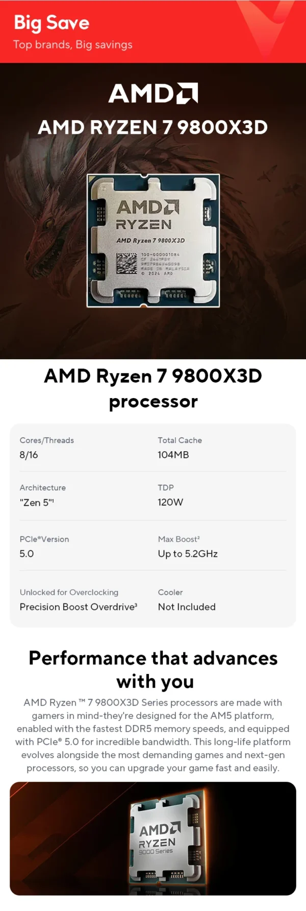 AMD ライジン ™ 7 9800X3D 新しいプロセッサ、3D V-Cache 8C/16T 120W 最大 5.2 GHz、L3=96M 100- 100001084 ソケットAM5ですがクーラーなし