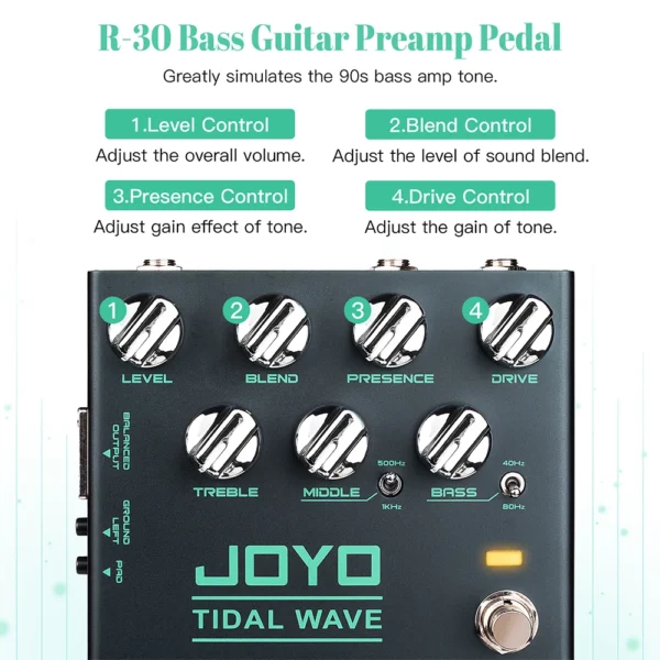 JOYO R-30 TIDAL WAVE ベースプリアンプ ギターペダル 90年代のクラシックベーストーン DI機能対応 ベースギターエフェクトペダル - 画像 (4)