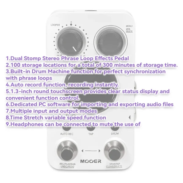 MOOER ギターペダル GL100 LOOP ドラムマシンエフェクトペダル 自動録音とタイムストレッチ機能 1.3インチタッチスクリーンペダル - 画像 (2)