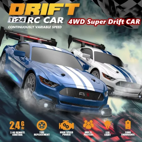 1/24 RC ドリフトカー マスタング 高速4WD ギフト競技レース 交換タイヤ - 画像 (3)