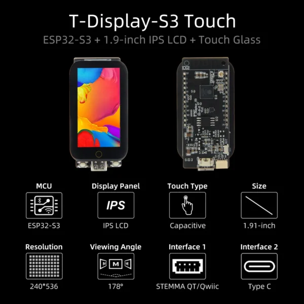 LILYGO T-Display-S3-タッチバージョン、1.9インチディスプレイスクリーン、ESP32-S3開発ボード、コア240MHz、WiFi Bluetooth モジュール - 画像 (6)
