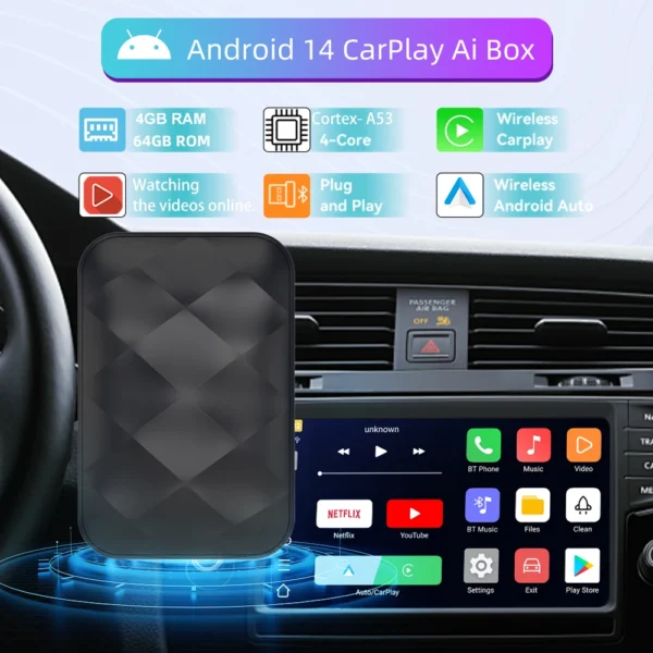 2+16GB 3IN1 android14 ワイヤレス Carplay android Auto 2025 NewAdapter アップグレード プラグアンドプレイ Youtube Netflix ドングル ワイヤレス カー AI TV BOX - 画像 (2)