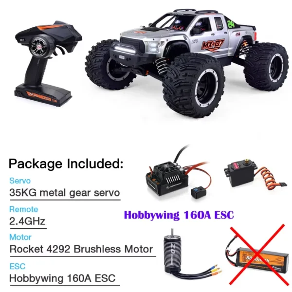 [실버 160A ESC] ZD 레이싱 MX 07 1/7 스케일 4WD 8S 브러시리스 몬스터 트럭 버기 오프로드 전기 80km/h 고속 레이싱 Hobbywing MAX6 RC카