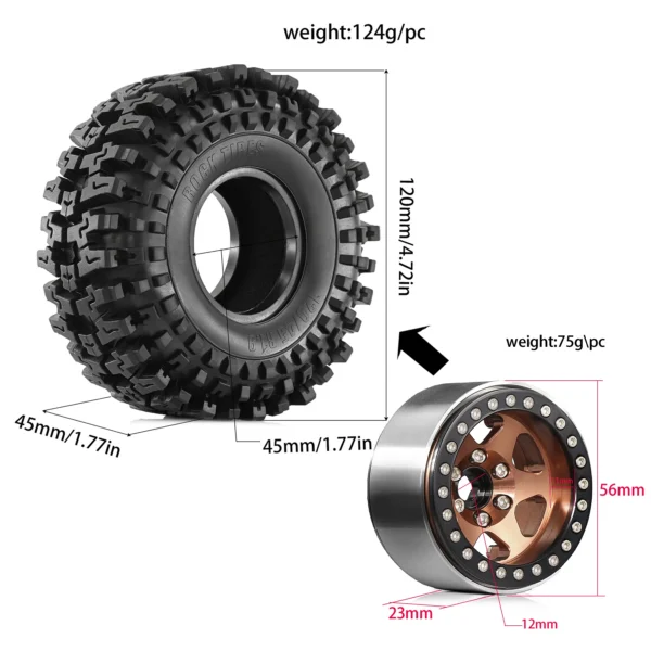 RS RC 120mm 메탈 1.9인치 비드락 휠 림 고무 타이어 세트 (1/10 RC 크롤러 카 Traxxas TRX4 RC4WD D90 Axial SCX10 II III MST용) - 이미지 2