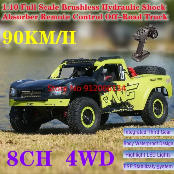 90KM/H 유압 충격 흡수 장치 고속 무선 조종 트럭 8CH 브러시리스 변속 방수 4WD LED 조명 ESP 시스템 RC 자동차