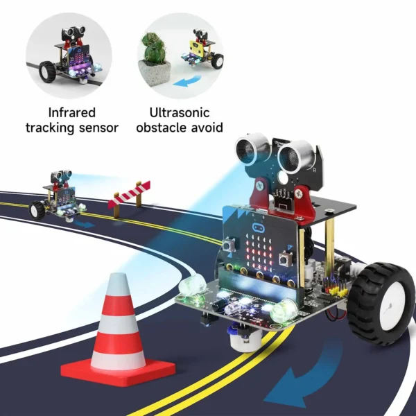 Microbit V2搭載：Yahboom プログラミング可能なロボットスマートカー 子供用ギフト 教育 DIY 学習コーディングキット APP IRコントロール Microbit V2対応 - 画像 (3)