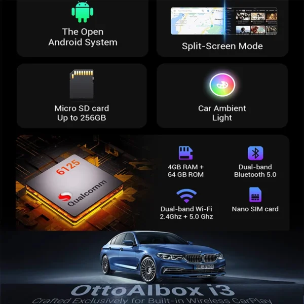 OTTOCAST i3 Carplay Ai Box ワイヤレス CarPlay アダプター android 13 QCM 6125 Play Store Netflix Youtube ビデオボックス BMW MG Hyundai 用 - 画像 (3)