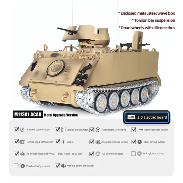 TD RC 탱크 1/16 M2412 B M113A1 ACAV 금속 휠 기어박스 스모크 유닛 360도 포탑 회전 적외선 무선 조종 군용 판처 - 이미지 3