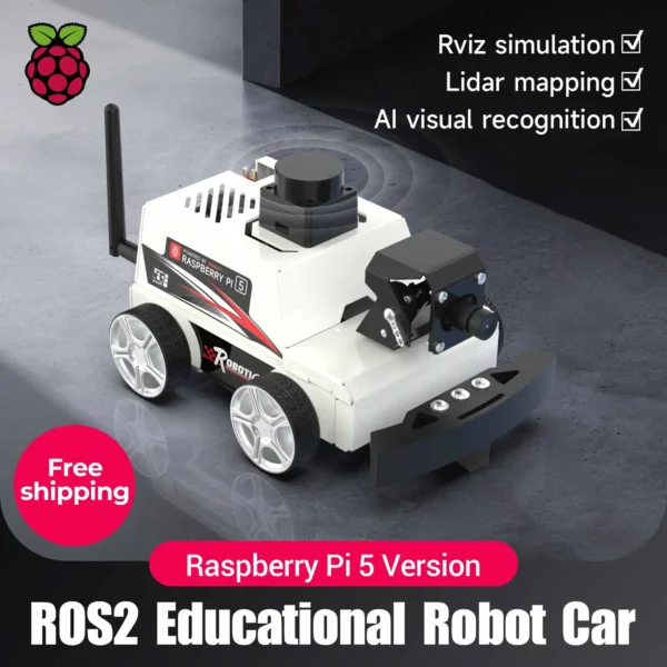 With-Pi5-8GB: Raspberry Pi 5 Car ROS2 教育用ロボットキット、MS200 TOF Lidarサポート、SLAMマッピングナビゲーション、AI視覚認識、Python3搭載