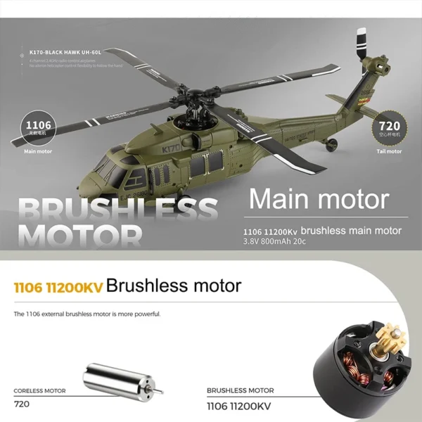 Wltoys K170 UH-60L 라디콘 헬기 6 축 자이로 브러시리스 RTF 어린이 생일 선물 - 이미지 4