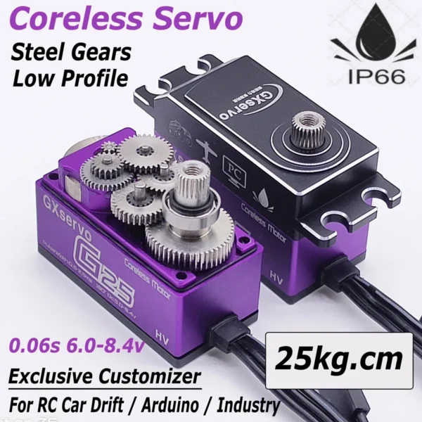 GXServo G25 25kg 7.4V 고속 전압 강철 기어 방수 코어리스 로우 프로파일 서보 RC 자동차 드리프트 아두이노 로봇 산업