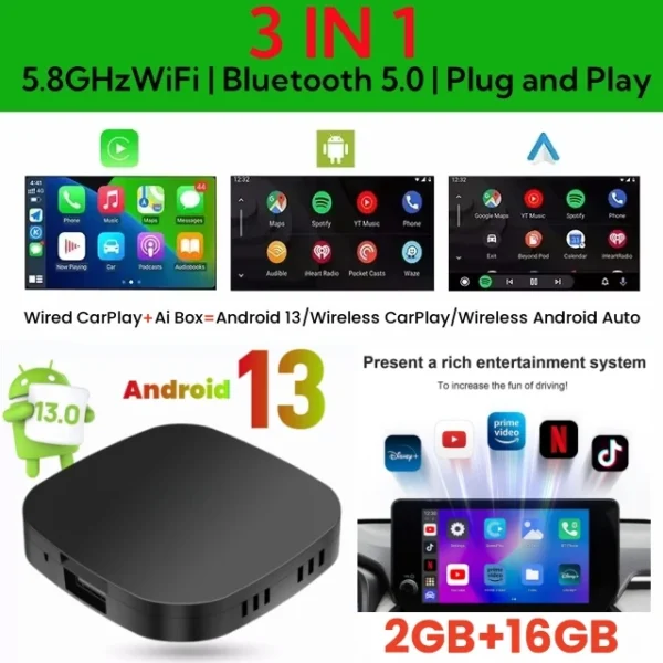 Carplay AI Box Android 13 2G+16G 무선 Android Auto 스마트 TV 박스 (YouTube Netflix용) Toyota Mazda Hyundai Haval GMC Ford MG VW Kia - 이미지 7