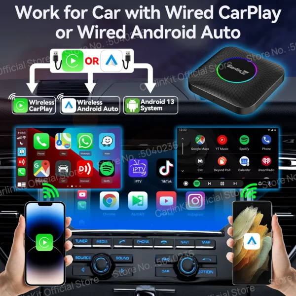 2025 CarlinKit CarPlay AI Box Android 13.0 SM6225 QCM6125 Android Auto 무선 CarPlay 어댑터 2.4+5GGPS 4G+64G FOTA 업그레이드 - 이미지 3