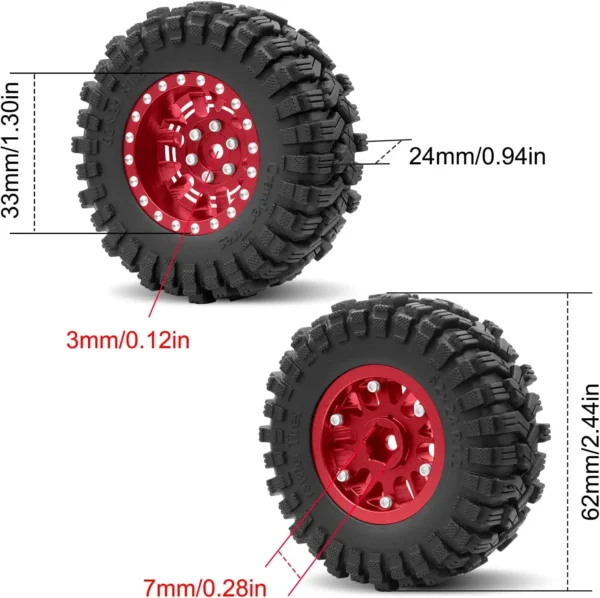 1.2인치 비드락 휠 타이어 세트 7mm 네거티브 오프셋 휠 림 TRX4M SCX24 FCX24 AX24 1/24 1/18 RC 크롤러 자동차 62 * 24mm - 이미지 6