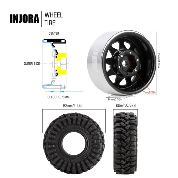 INJORA 3.78mm 오프셋 1.0인치 비드락 휠 림 타이어 세트 (1/18 1/24 RC 크롤러 카 Axial SCX24 FMS FCX24 TRX4M (W1004 T1014)용) - 이미지 3
