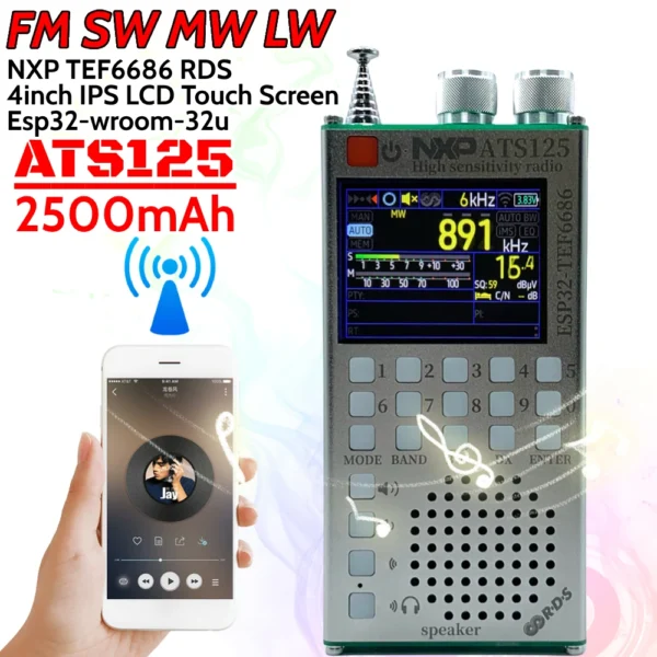 ATS125 FM SW MW LW 라디오 TEF6686 RDS 4인치 IPS LCD 터치스크린 320x240 해상도 2500mAh 블루투스 호환 라디오