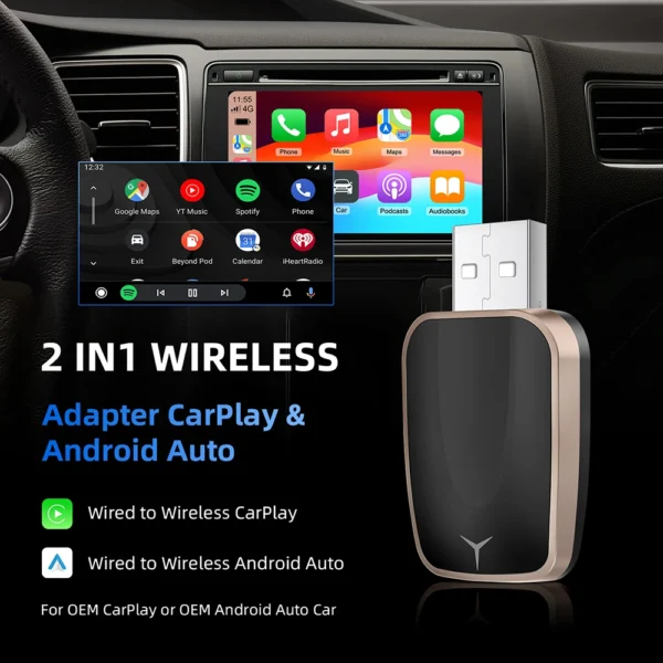 2in1 무선 CarPlay 동글 무선 안드로이드 오토 어댑터 AI 스마트 박스 자동차 지능형 시스템 유선 CarPlay 탑재 차량용 - 이미지 2