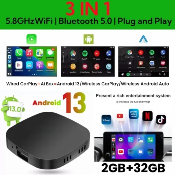 Carplay AI Box Android 13 2G+16G 무선 Android Auto 스마트 TV 박스 (YouTube Netflix용) Toyota Mazda Hyundai Haval GMC Ford MG VW Kia - 이미지 8