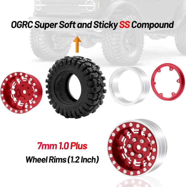 1.2인치 비드락 휠 타이어 세트 7mm 네거티브 오프셋 휠 림 TRX4M SCX24 FCX24 AX24 1/24 1/18 RC 크롤러 자동차 62 * 24mm - 이미지 4