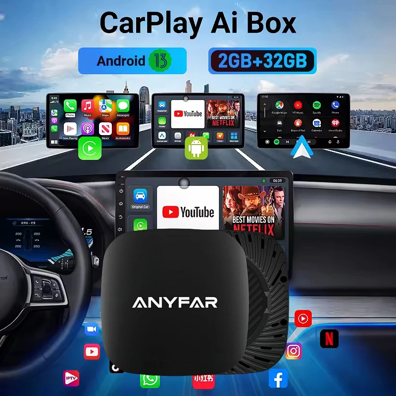 2GB-32GB: 2025 ANYFAR Android 13 3in1 CarPlay Ai Box 무선 Android Auto USB 어댑터 2G 32G Youtube Netflix 자동 연결