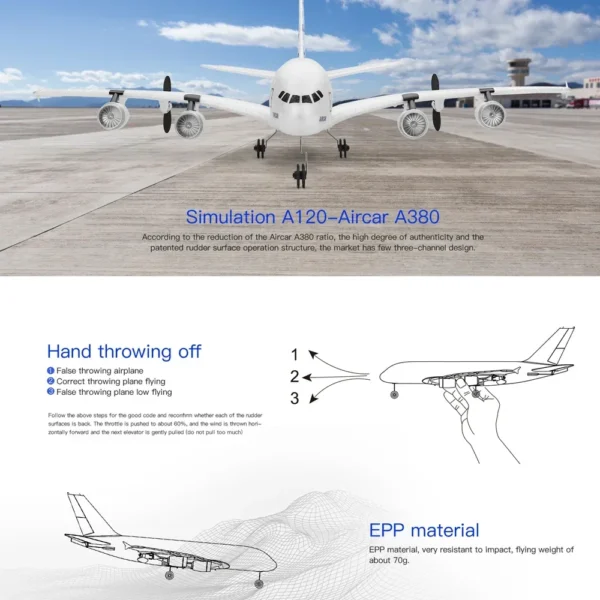 Wltoys XK A120 RC 비행기 3CH 2.4G EPP 원격 조종 기계 비행기 고정익 RTF A380 RC 항공기 모델 어린이용 야외 장난감 - 이미지 3