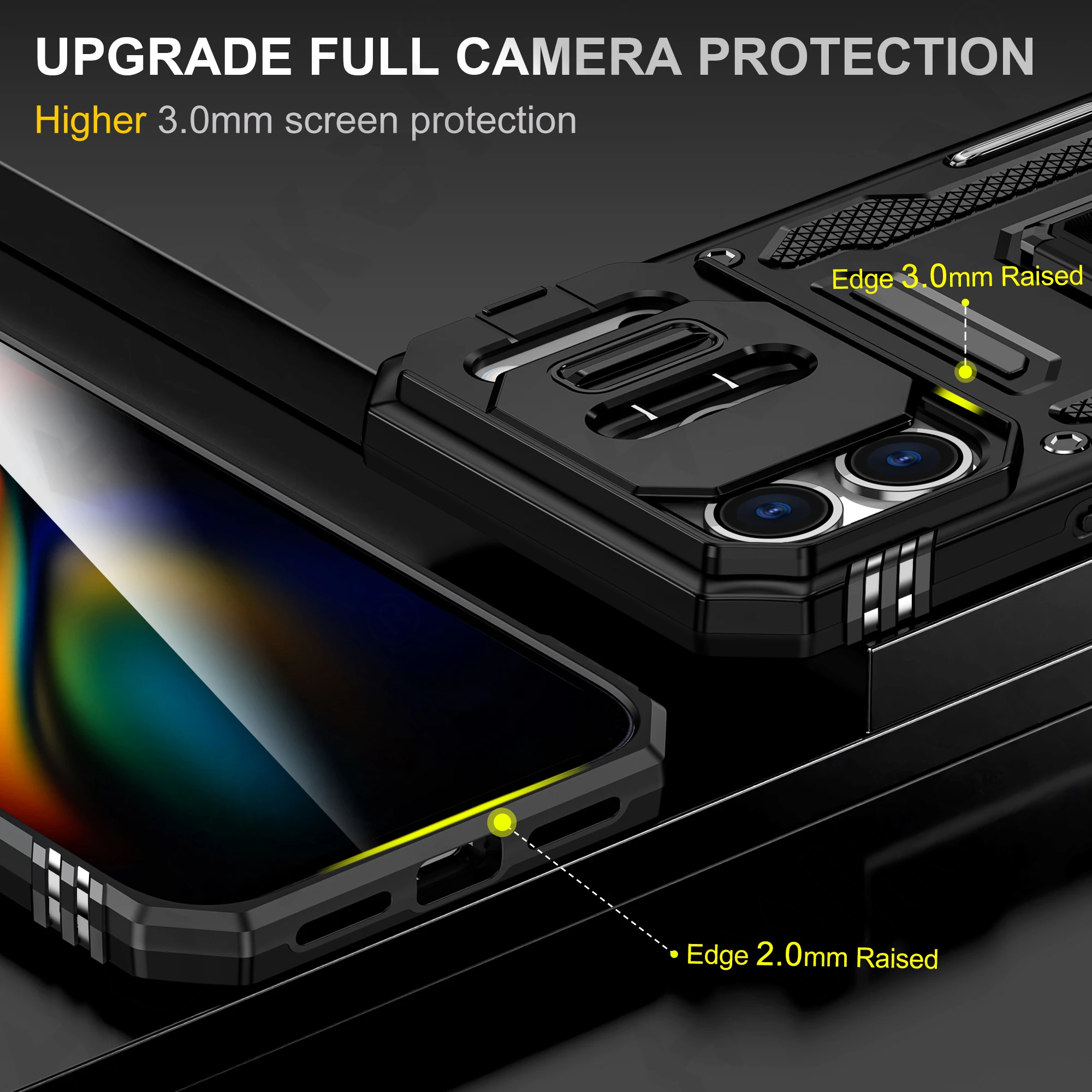 iPhone 17 16 15 14 13 12 11 Pro XS Max Plus XR 8 7 Plus SE 2025 링 스탠드 아머 낙하 방지 슬라이드 카메라 킥스탠드 커버용 케이스 - 이미지 2