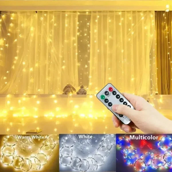 USB 3M x 2M 200개 LED 커튼 LED 스트링 조명 화환 USB 페스툰 리모컨 요정 화환 조명 크리스마스 장식 침실 홈 - 이미지 2