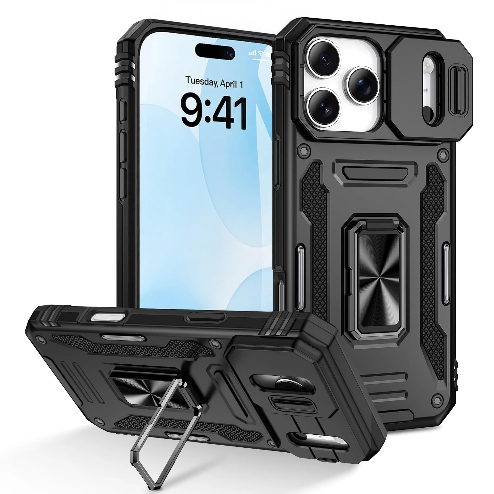 iPhone 17 16 15 14 13 12 11 Pro XS Max Plus XR 8 7 Plus SE 2025 링 스탠드 아머 낙하 방지 슬라이드 카메라 킥스탠드 커버용 케이스 - 이미지 9