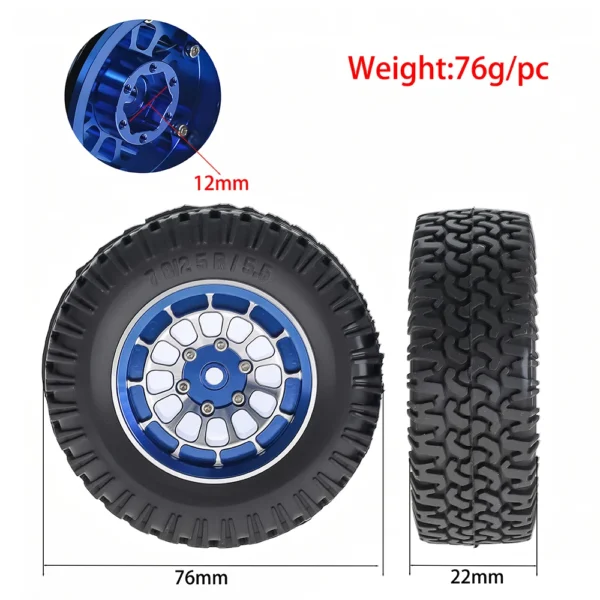 1.55인치 메탈 휠 허브+고무 타이어 (1/10 RC 록 크롤러 자동차용) Axial 90069 D90 Cc01 Tf02 LC70 MJX Rgt Rc4WD - 이미지 2